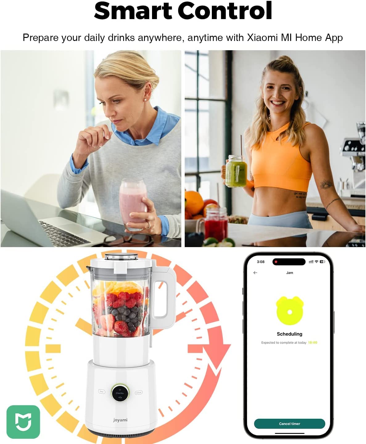 Блендер joyami Smart 1.6 л скляна чаша Повні функції керування через додаток WiFi гарячий та холодний самоочищення подрібнення льоду заморожені десерти суп білий, фото №6