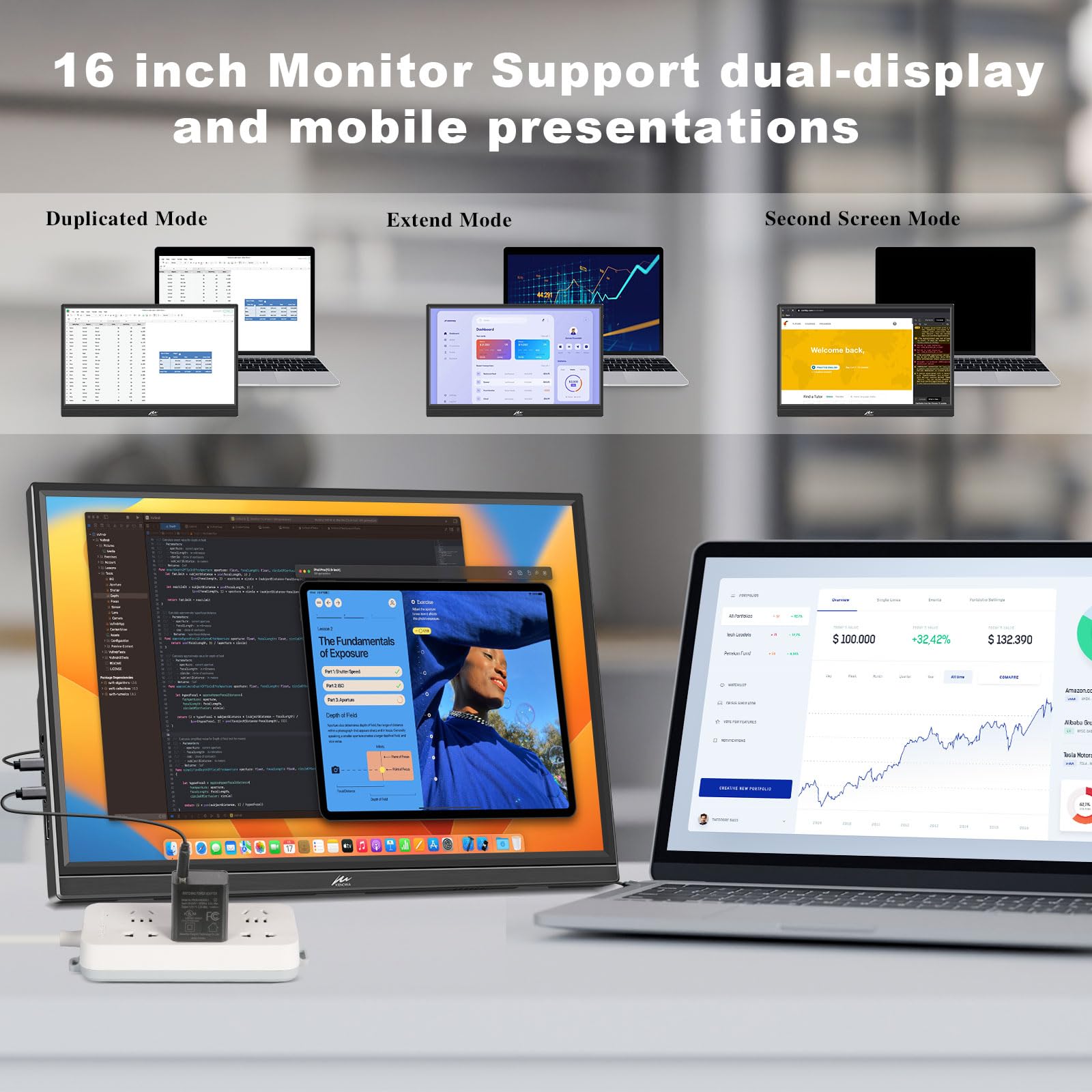 Портативний монітор Kenowa 16 дюймів FHD 1920 x 1200P IPS екран HDR 350 ніт 16:10 з HDMI Type C Чорний, фото №3