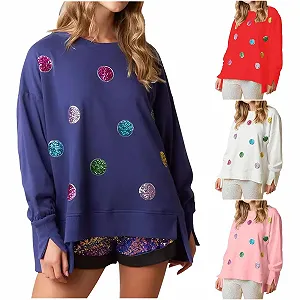 Блузка Ybing с блестками, женская, повседневная, асимметричный подол, длинный рукав, свободный блестящий джемпер, подростковая, с круглым вырезом, разрез, длинный рукав, базовый топ, джемпер synthetic.ua - Фото 1