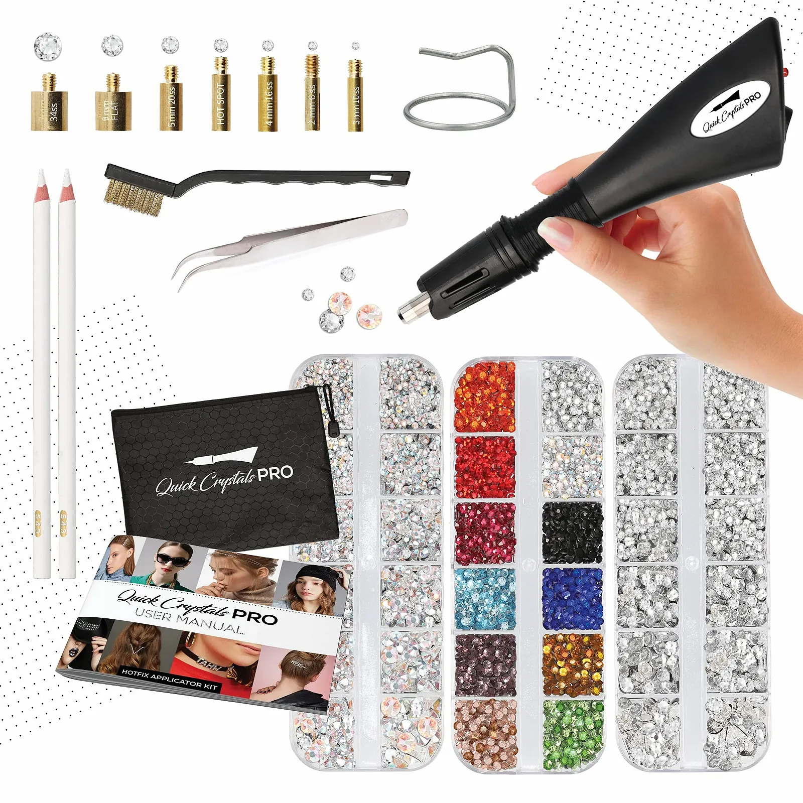 Аппликатор для термостраз, Quick Crystals Pro, набор Bedazzler со стразами, набор инструментов для установки палочкой своими руками с 7 разными размерами наконечников, пинцет, щетка для чистки и 4400 страз, фото №1