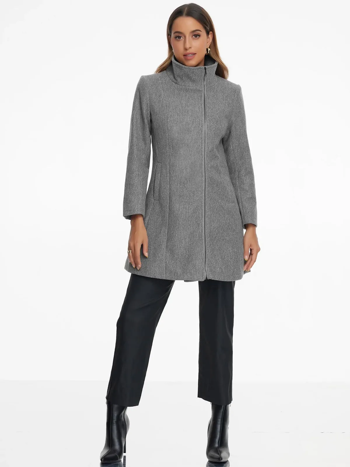 Пальто Allegra K женское с длинными рукавами, на молнии, с воротником-стойкой и карманами, фото №3 Пальто Allegra K женское с длинными рукавами, на молнии, с воротником-стойкой и карманами, фото №3