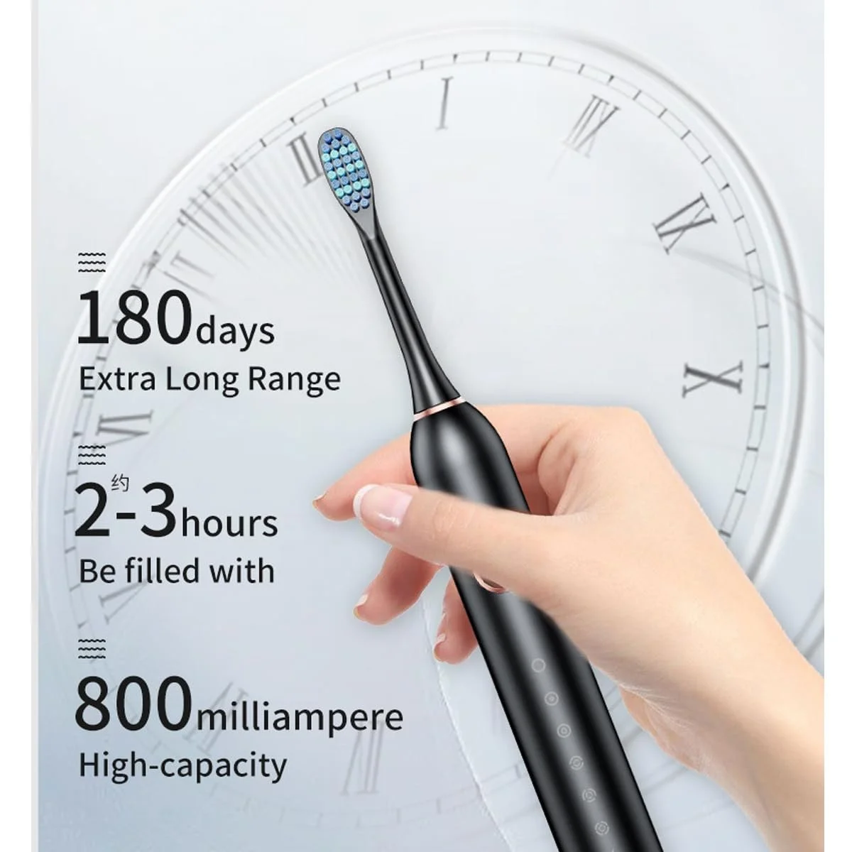 Электрическая зубная щетка Звуковая USB аккумуляторная 6 режимов IPX7 Черная, фото №4