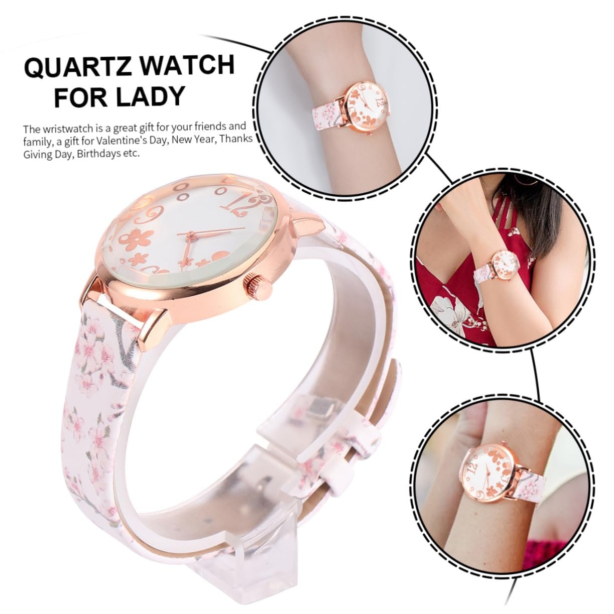 Жіночий наручний годинник PartyKindom з візерунком сливового цвіту, кварцовий годинник з ремінцем і пряжкою, фото №5