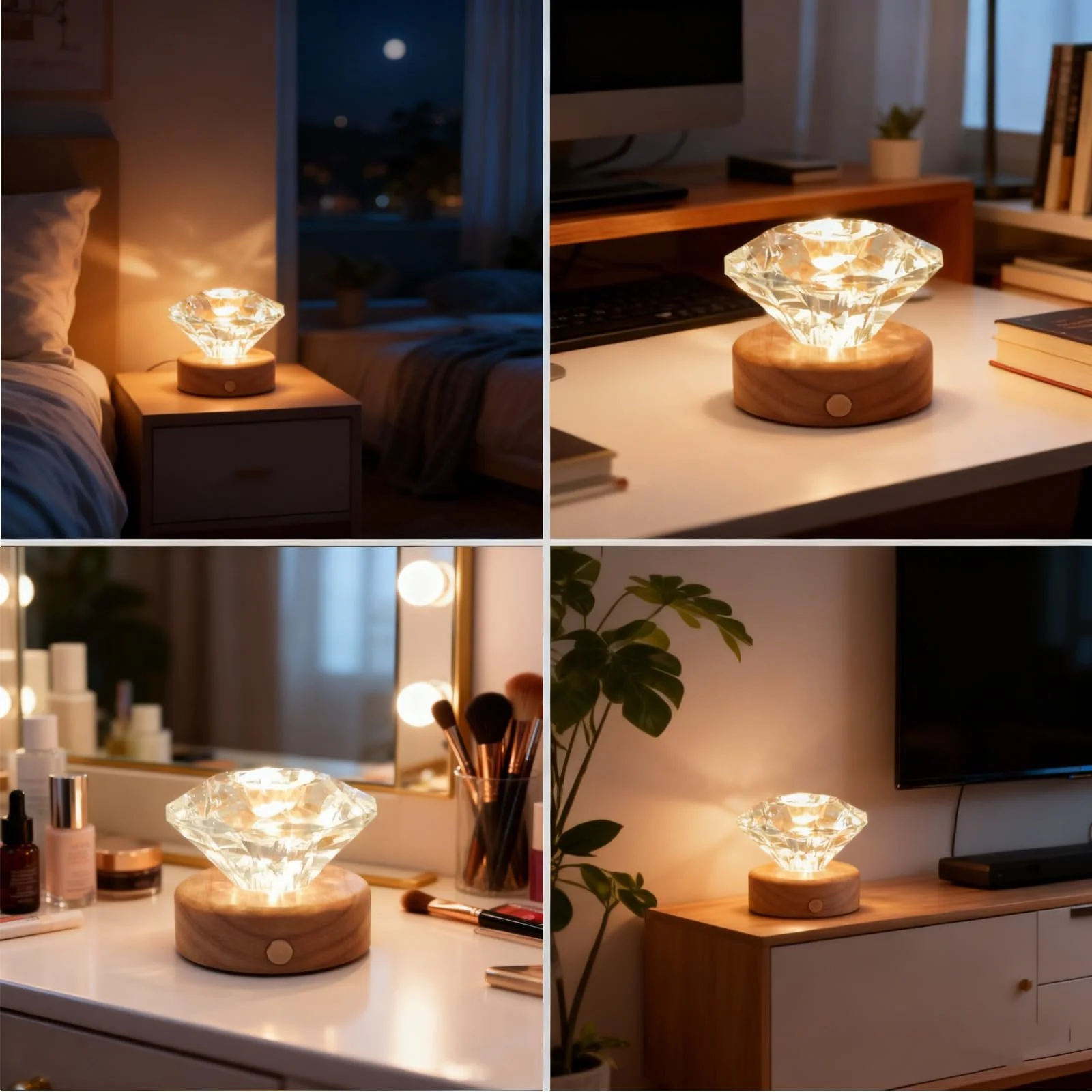 Настільна лампа у формі діаманта мала з RGB нічником акумуляторна основа з цільного дерева, фото №4