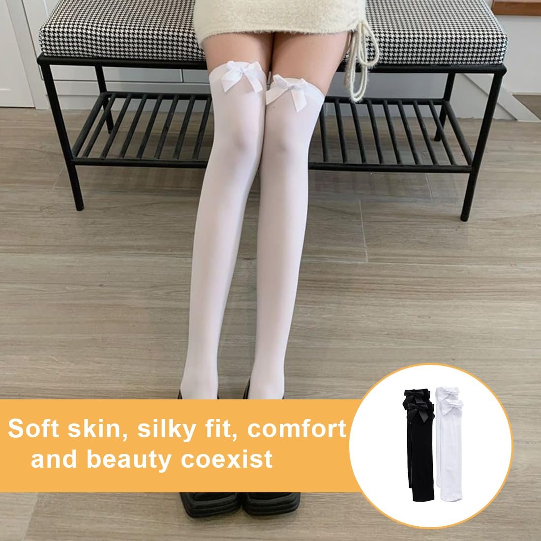 Чулки выше колена с бантом Женские в полоску Хлопковые Длинные Черный + Белый (2 пары), фото №7