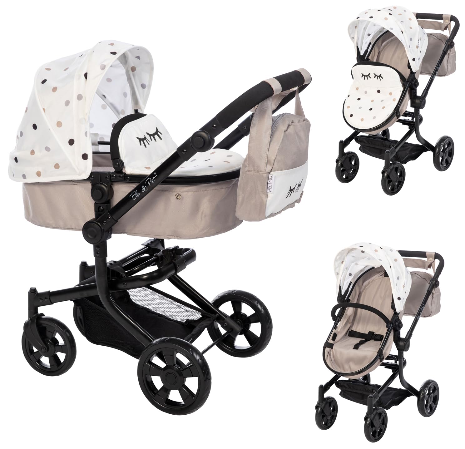 Коляска для кукол Ella & Piet MOOVE4 с сумкой для смены 2-в-1 Черный Белый Mud, фото №1