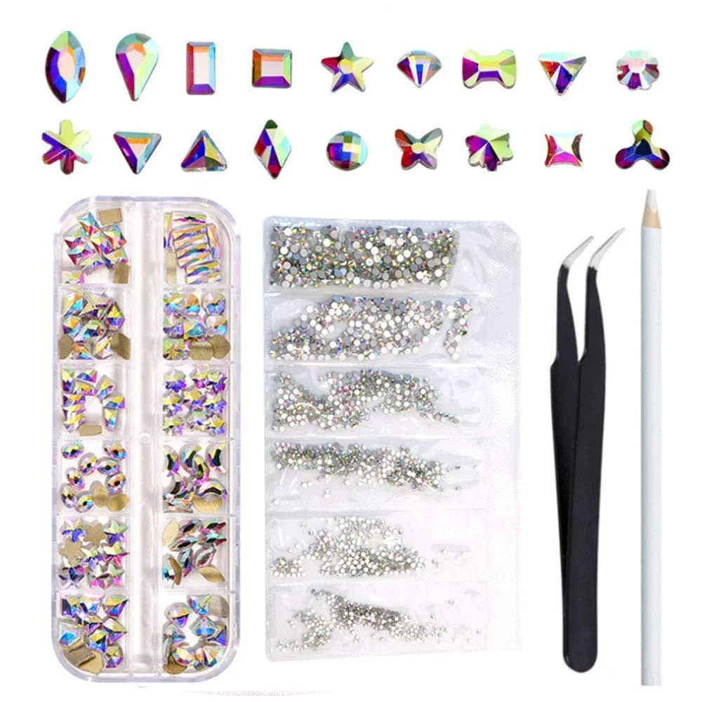 Набор хрустальных страз AB для макияжа глаз, боди-арта, украшения одежды, шляп, сумок, искусства и рукоделия, прозрачные драгоценные камни, включая стразы AB SS4-12, ручку для подбора, пинцет, фото №1