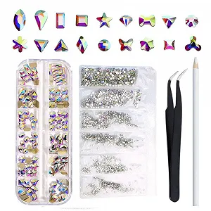 Набор хрустальных страз AB для макияжа глаз, боди-арта, украшения одежды, шляп, сумок, искусства и рукоделия, прозрачные драгоценные камни, включая стразы AB SS4-12, ручку для подбора, пинцет - Фото 1