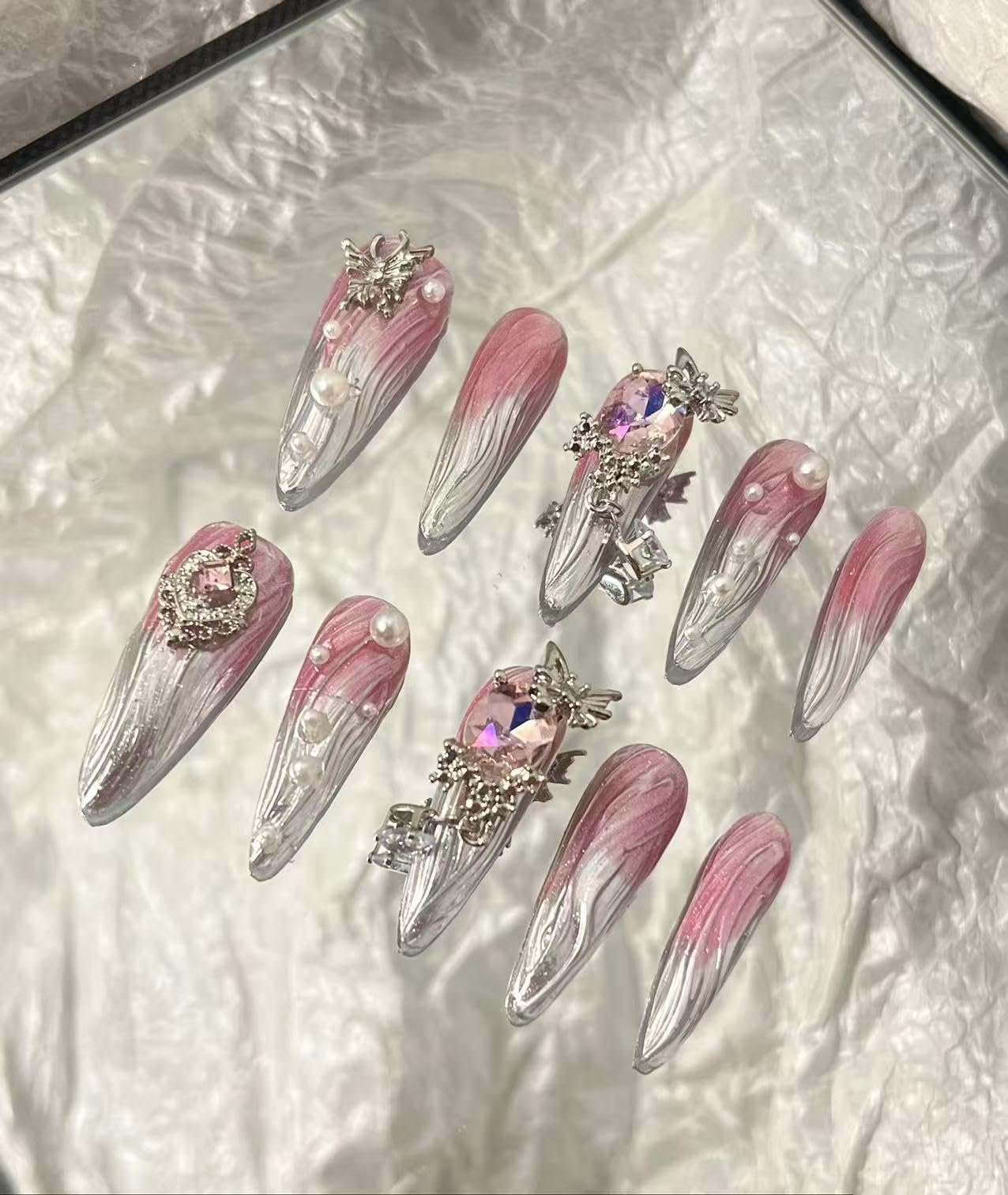 Накладные ногти MouyouGlow Длинные Стилет Аэрография Розовый 3D Бабочка Страз Серебряное Сердце Жемчуг Блестки Y2K Coquette Многоразовые искусственные ногти, 10 штук 208-M, фото №1