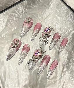 Накладные ногти MouyouGlow Длинные Стилет Аэрография Розовый 3D Бабочка Страз Серебряное Сердце Жемчуг Блестки Y2K Coquette Многоразовые искусственные ногти, 10 штук 208-M - Фото 1