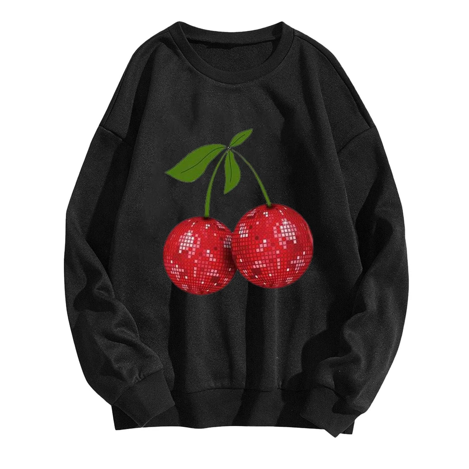 Пуловер Komiseup Oversized Y2K Лонгслив Базовый Круглый вырез Толстовка без капюшона Элегантный Однотонный Лонгшерт Модный принт вишни Хлопок Спортивная рубашка Подростковая Девочка Streetwear 04, фото №1