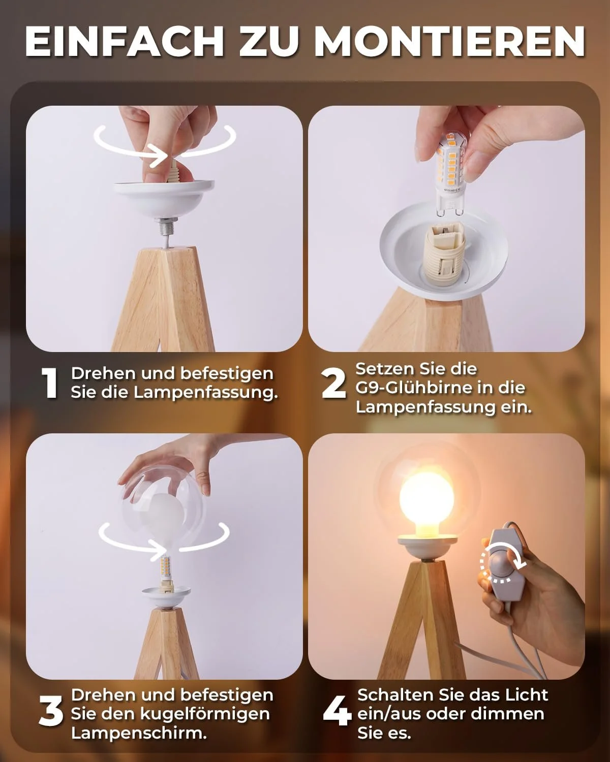 Настільна лампа Дерев'яна димована скляний плафон куля штатив G9 LED 2200 К, фото №5