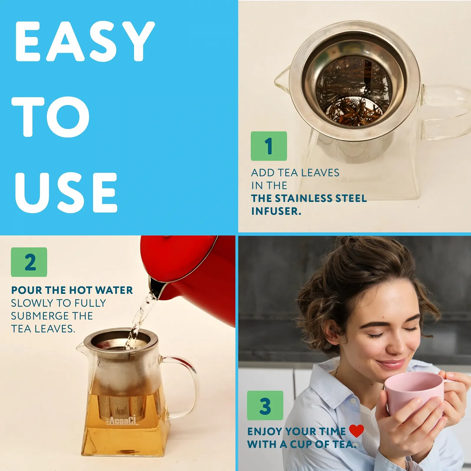 Чайник-заварник AddAcsaCi Premium стеклянный 500 мл Квадратная форма дна 304 нержавеющая сталь пищевая, фото №6