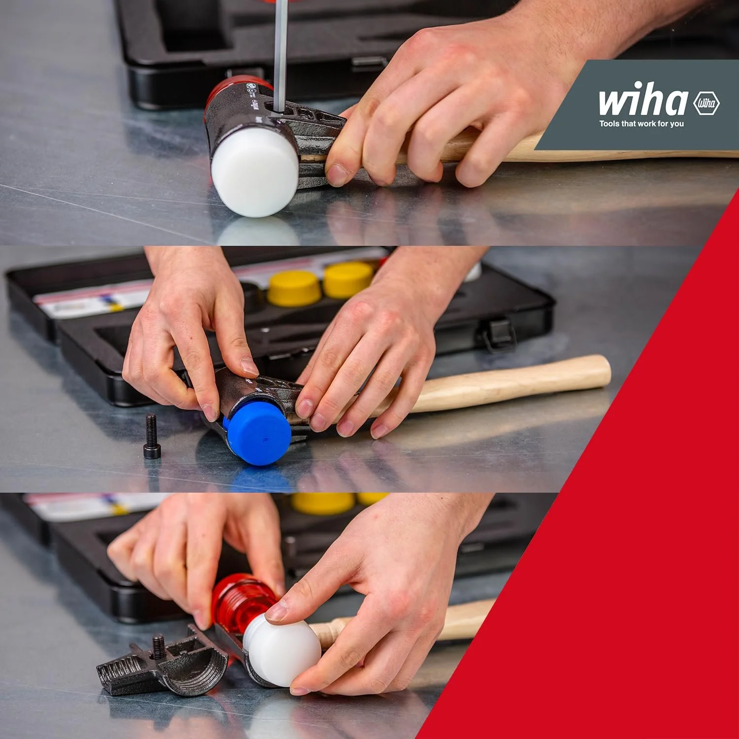 Набор мягких молотков Wiha Safety, деревянная ручка из гикори, круглый ударный наконечник диаметром 40 мм, резиновый молоток со смешанными ударными головками, 9 штук в коробке (44008), фото №2 Набор мягких молотков Wiha Safety, деревянная ручка из гикори, круглый ударный наконечник диаметром 40 мм, резиновый молоток со смешанными ударными головками, 9 штук в коробке (44008), фото №2