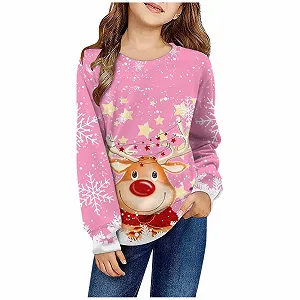 Рождественский джемпер Generisch для детей, рождественский джемпер для девочек, рождественский свитшот с длинными рукавами и принтом оленя, зимний теплый рождественский джемпер из флиса для мальчиков, уродливый рождественский наряд для детей 2-12 лет - Фото 1
