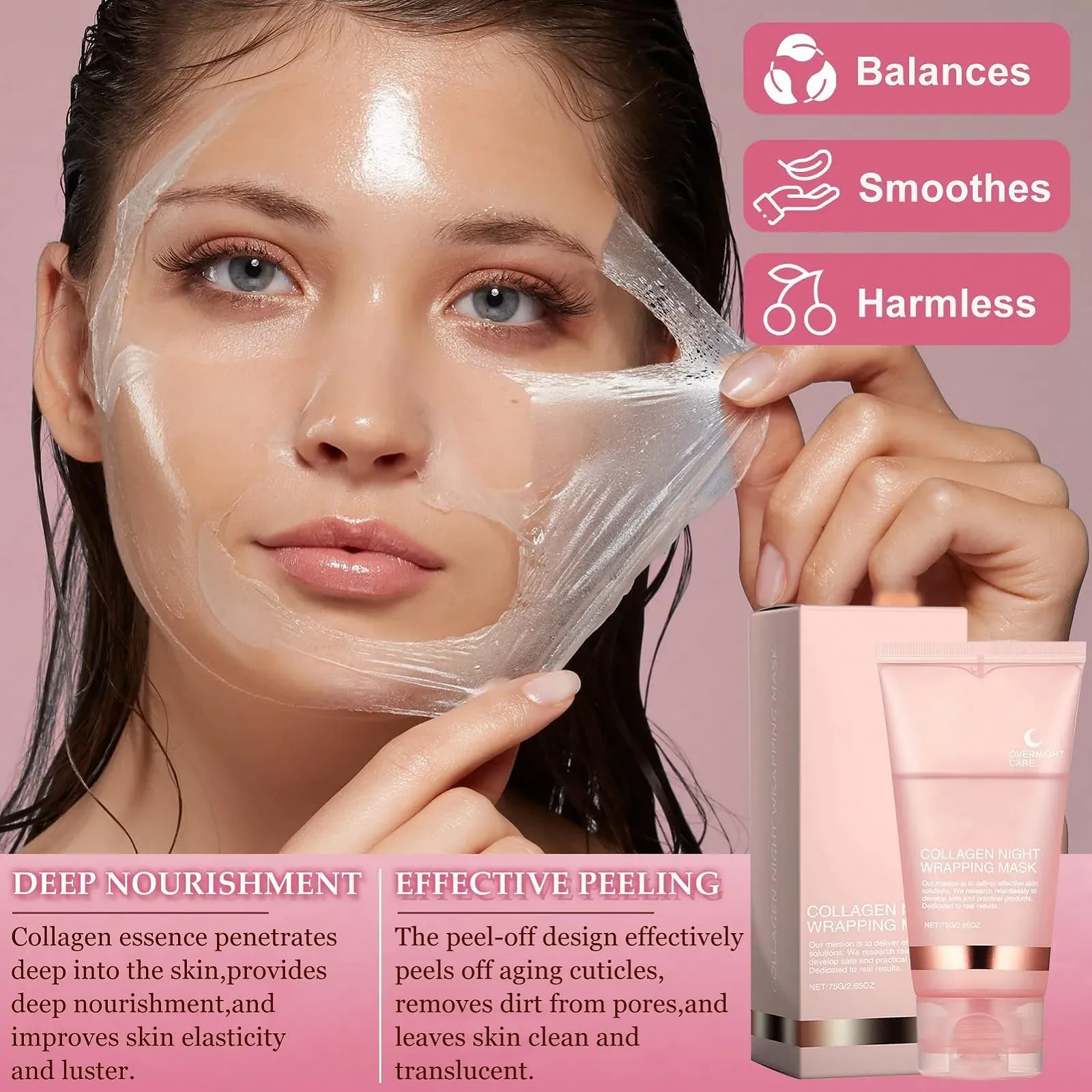 Нічна маска-обгортання з колагеном 4 шт, для зволоження, проти зморшок, проти старіння та освітлення, фото №4