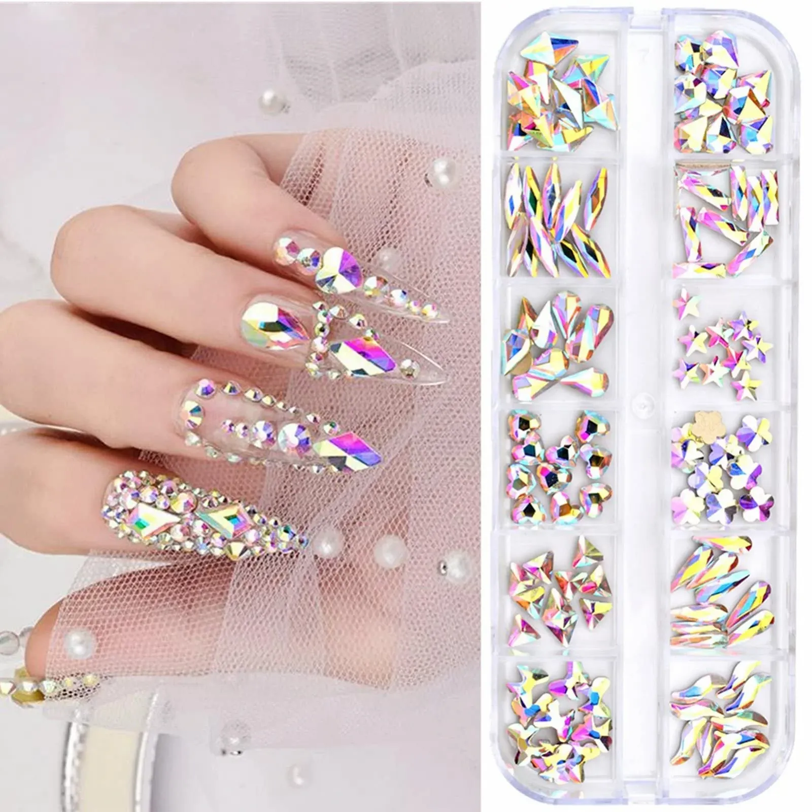 Стрази для нігтів NICENEEDED 23D кристали з пласкою задньою стінкою 12 розмірів у кейсі, кришталеві камені різних форм, фото №5