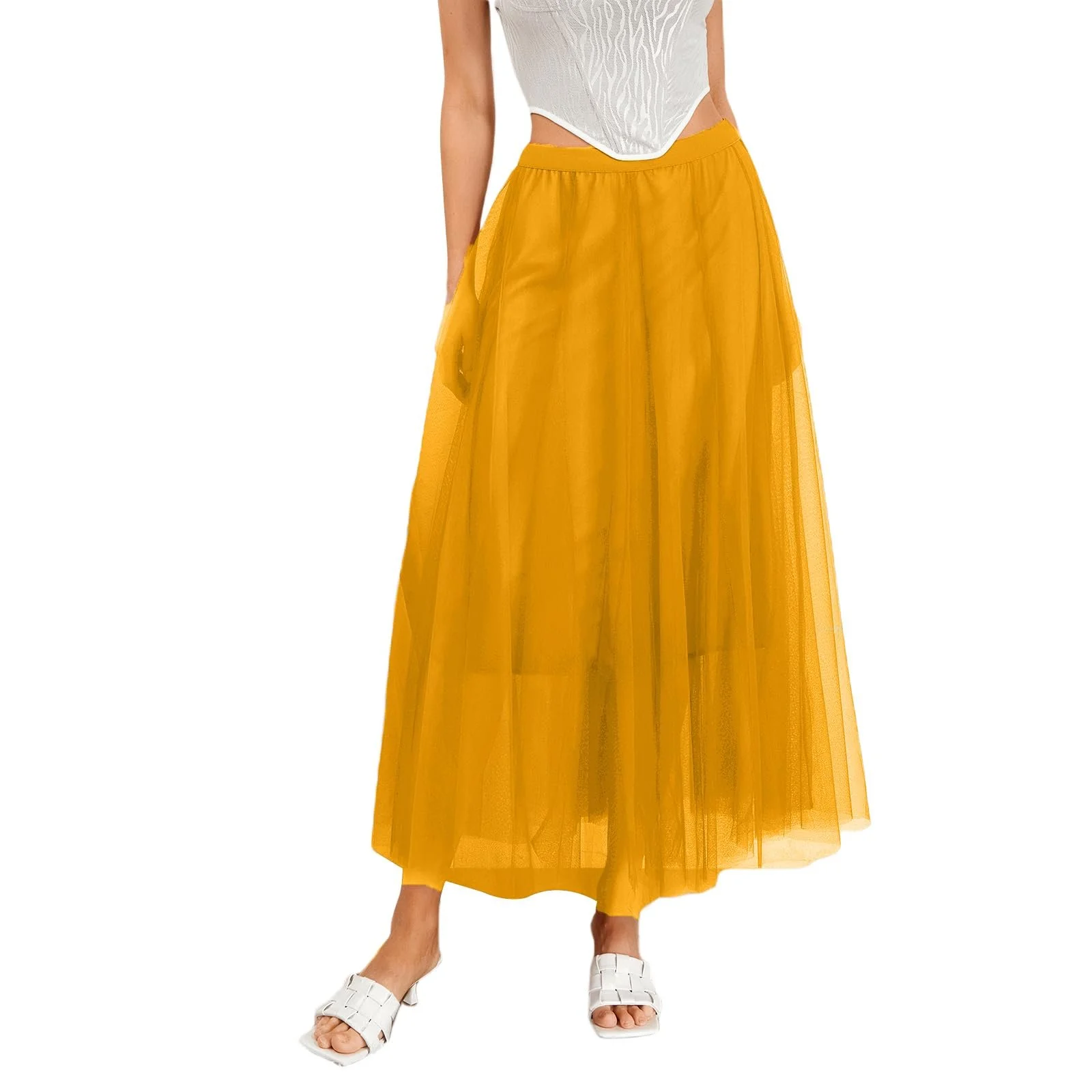 Макси-юбка женская из тюля, длинная плиссированная, фото №1