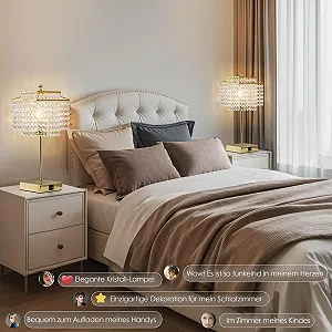 Настільна лампа GyroVu Crystal приліжкова сенсорна з функцією зарядки USB A+C та розетками Золотиста synthetic.ua - Фото 1