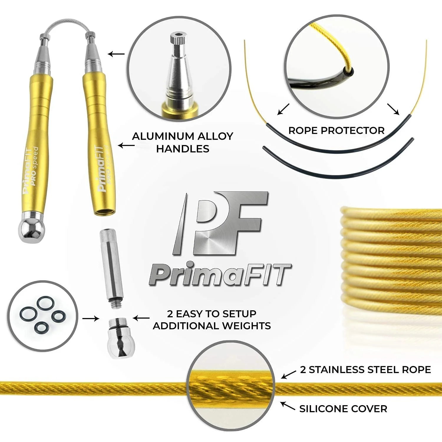 Скакалка PrimaFIT Pro Speed швидкісна, регульована, з обтяжувачами, 2 підшипники, алюмінієві ручки, 3 м, фото №4