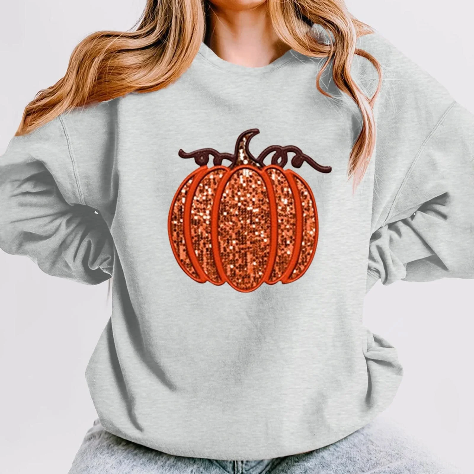 Женский Свитшот с длинными рукавами и глиттерным тыквенным принтом на Хэллоуин, оверсайз, фото №2