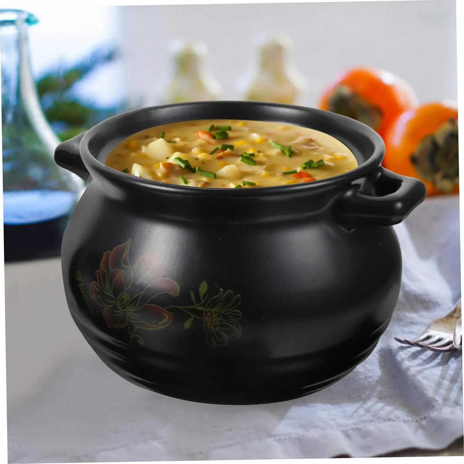 Кастрюля для тушения керамическая с цветочным узором Черная, фото №2