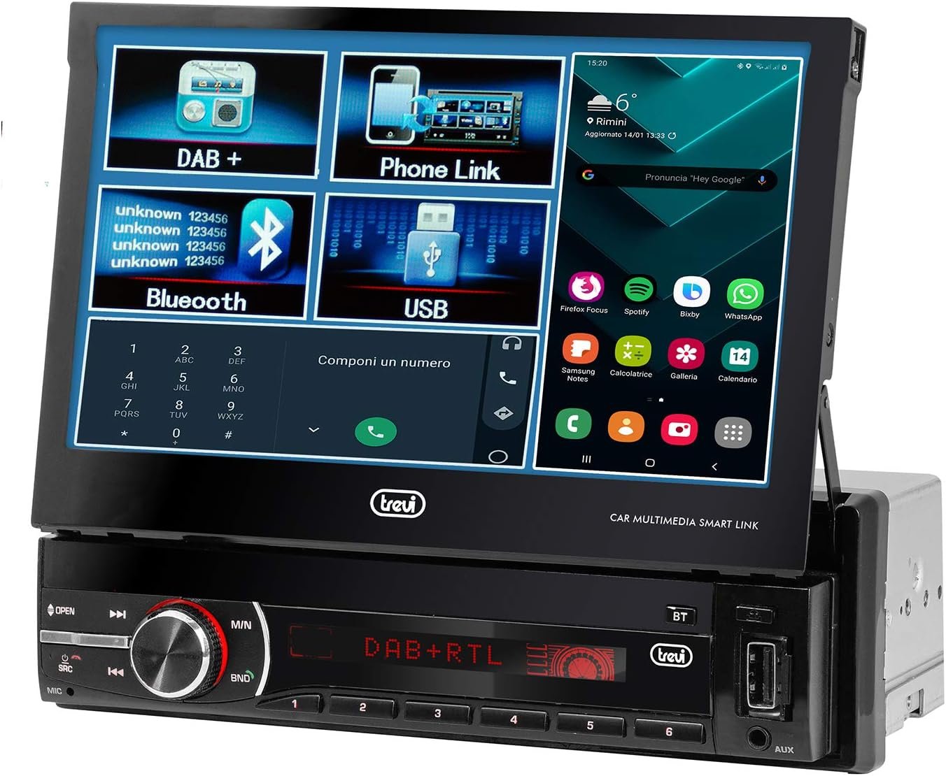 Автомагнитола Trevi MDV 6380 DAB / 7" / Сенсорная / Apple CarPlay / Android Auto / Bluetooth / USB / AUX / SD slot / DAB+ / 1DIN, фото №1 Автомагнитола Trevi MDV 6380 DAB / 7" / Сенсорная / Apple CarPlay / Android Auto / Bluetooth / USB / AUX / SD slot / DAB+ / 1DIN, фото №1