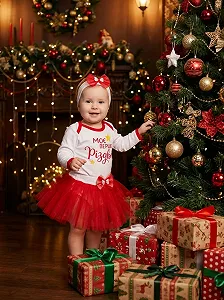 Святковий набір «моє перше Різдво» для дівчаток від 68 до 86 см: новорічний костюм боді, спідниця та пов'язка - Фото 1
