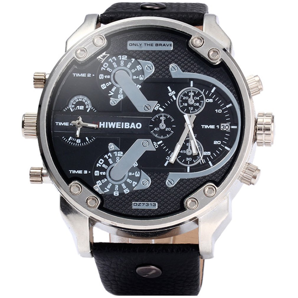 Чоловічий годинник Fenkoo військовий стиль великий циферблат два часові пояси шкіряний ремінець кварцовий, фото №2