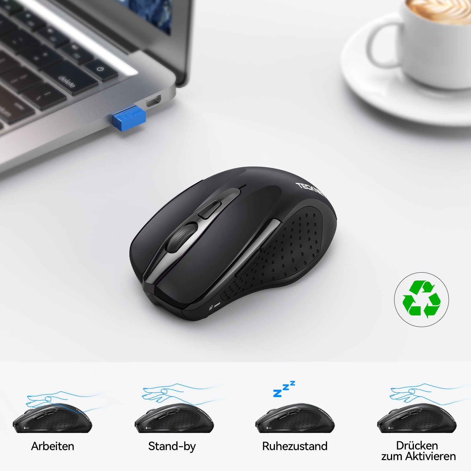 Мышь TECKNET Bluetooth, беспроводная эргономичная мышь (три режима: BT 5.0/3.0+2.4G), 4800 DPI, фото №7