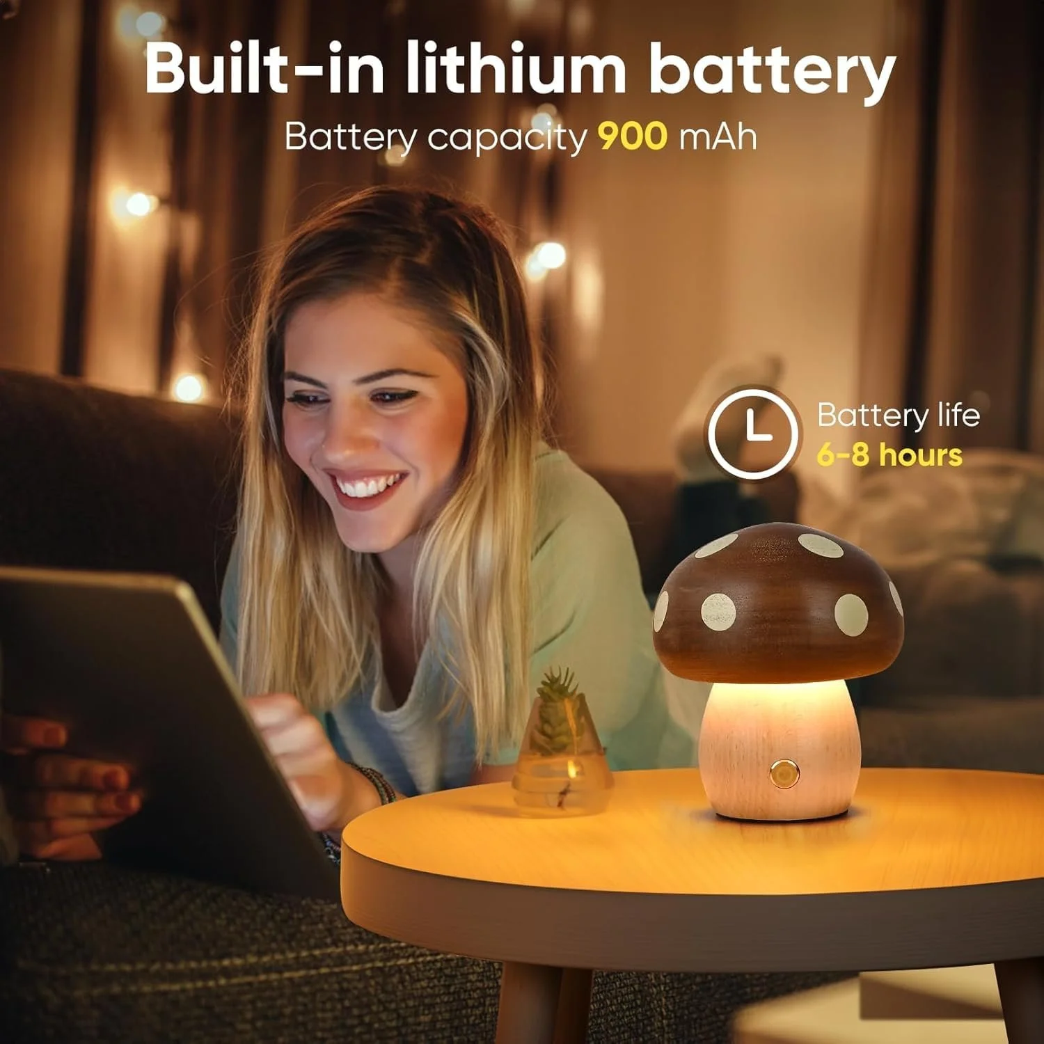 Настільна лампа Mushroom LED дерев'яна з плавним регулюванням яскравості акумуляторна, фото №3