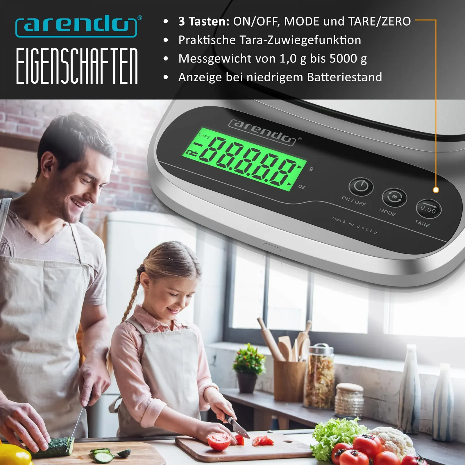Кухонні ваги Arendo Digital 5 кг 1 г LCD Нержавіюча сталь, фото №3