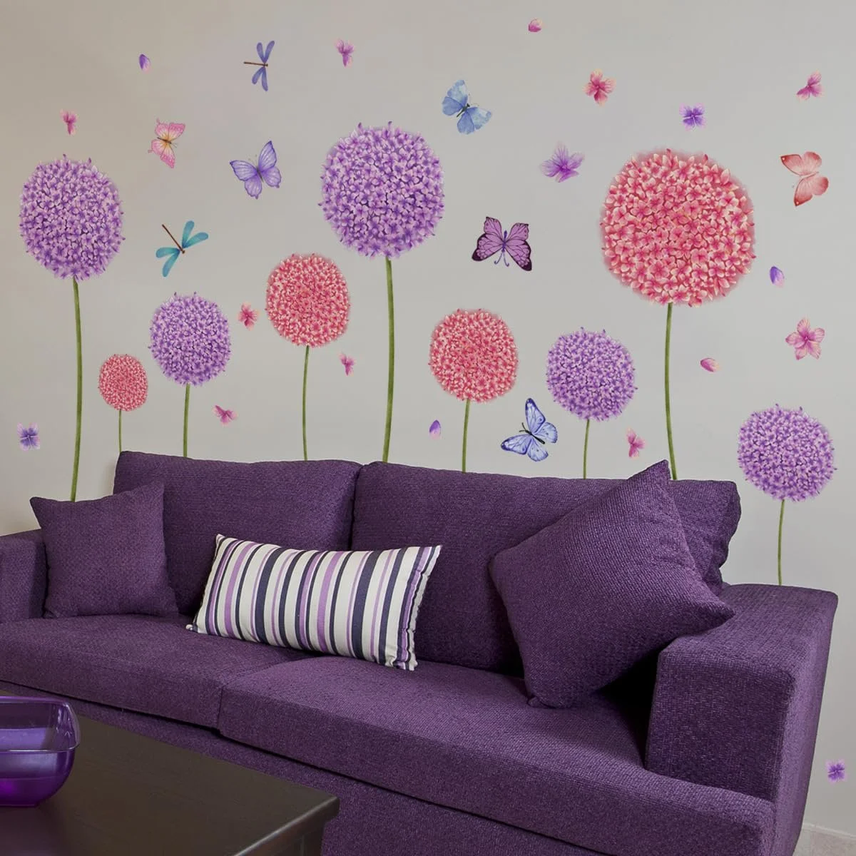 Велика наклейка на стіну Sinekong Кульбаба Фіолетові квіти Метелики Рослини Фіолетова, фото №5