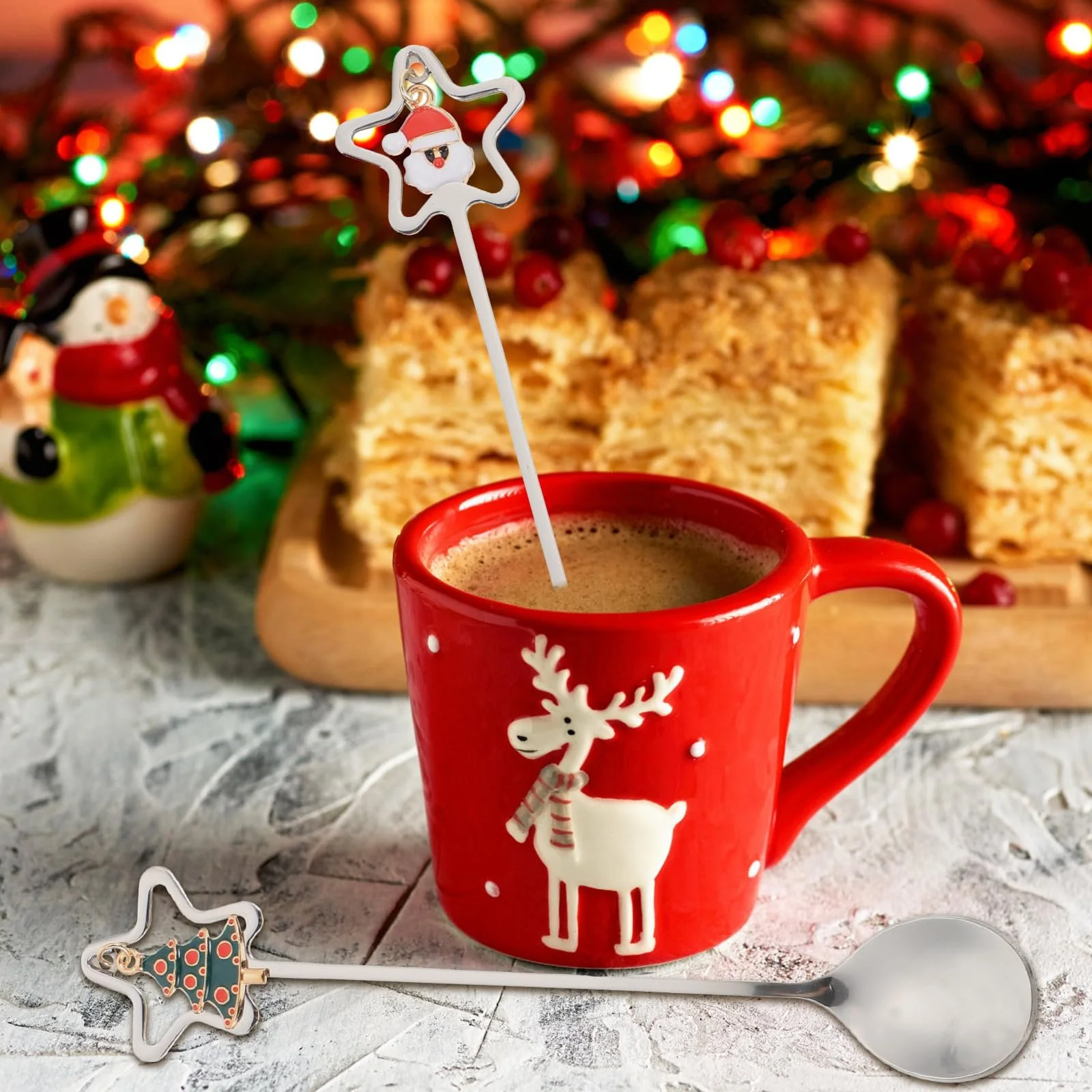 Набор рождественских ложек DOITOOL Серебристый, 4 шт Ложка из нержавеющей стали для перемешивания кофе, десертная ложка с подвеской для перемешивания напитков для смешивания джема (серебро), фото №9