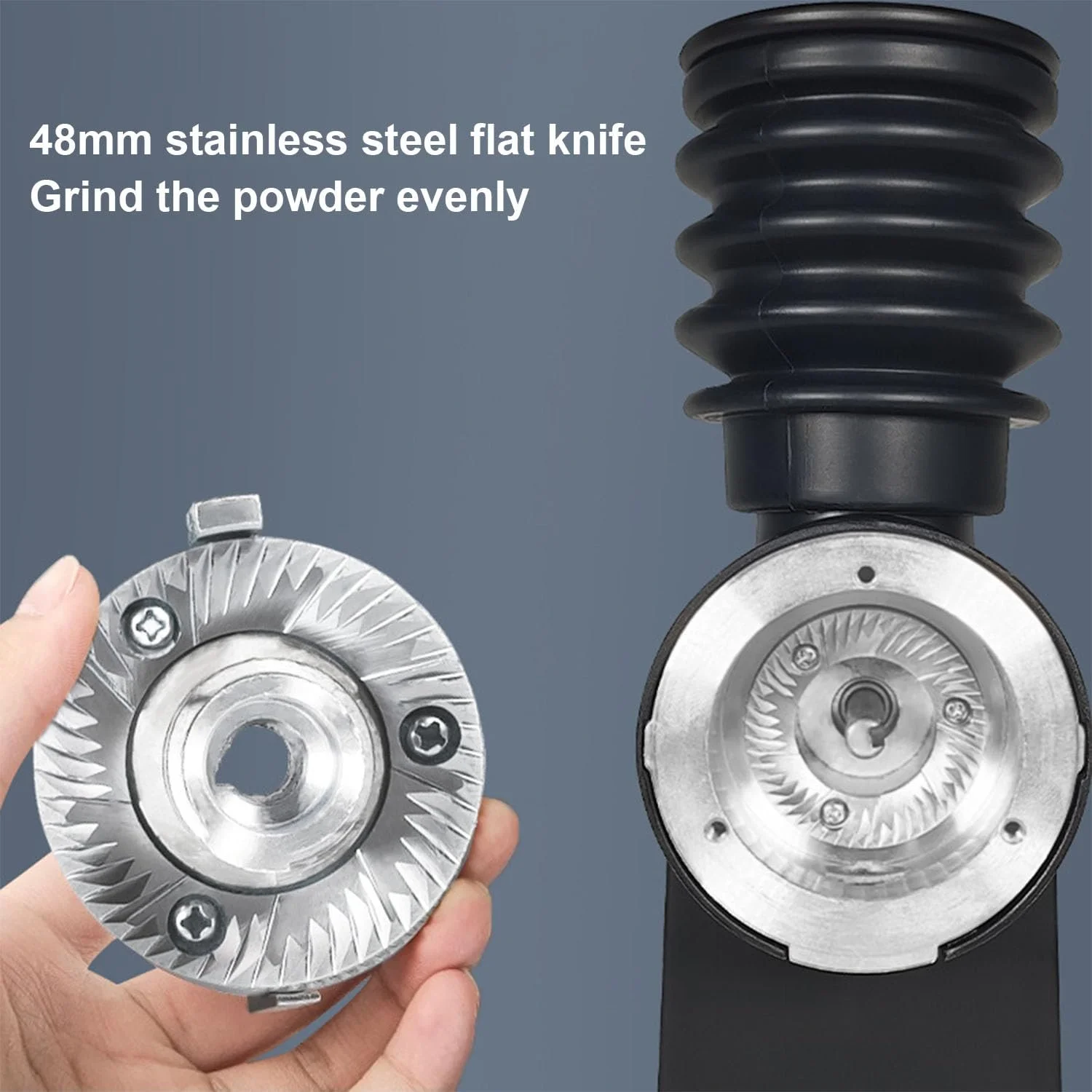 Кавомолка Italian Hand Brew, 8 рівнів регулювання товщини, плоский ніж з нержавіючої сталі 48 мм, надувний контейнер для зерен та чашка для порошку, фото №3