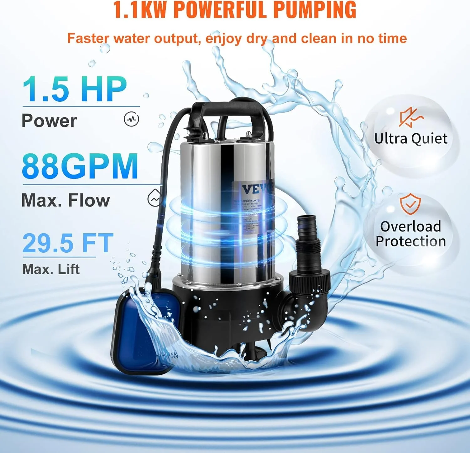 Насос для перекачки чистої та брудної води VEVOR QSB-2JH-1100B96 / 1100 Вт / 20000 л/год / Нержавіюча сталь / Срібний, фото №4