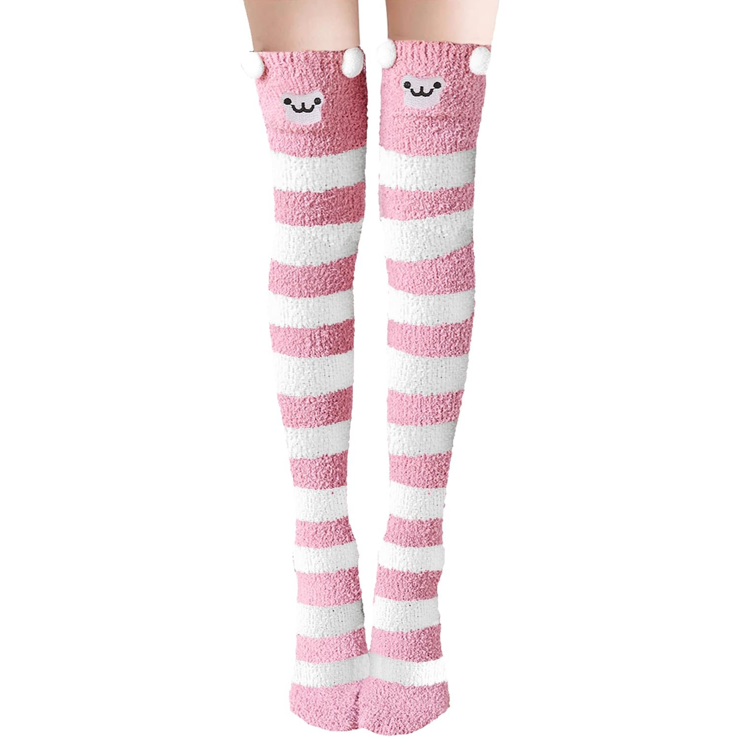 Пара женских длинных носков, Мягкие носки, Гольфы, Мягкие чулки выше колен, Девичьи гольфы, Носки с пандой, Мягкие, Милые, Теплые, для женщин и девушек, One Size, Розовые полоски, фото №1