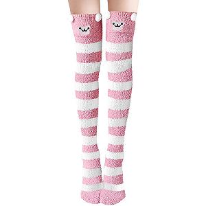 Пара женских длинных носков, Мягкие носки, Гольфы, Мягкие чулки выше колен, Девичьи гольфы, Носки с пандой, Мягкие, Милые, Теплые, для женщин и девушек, One Size, Розовые полоски - Фото 1