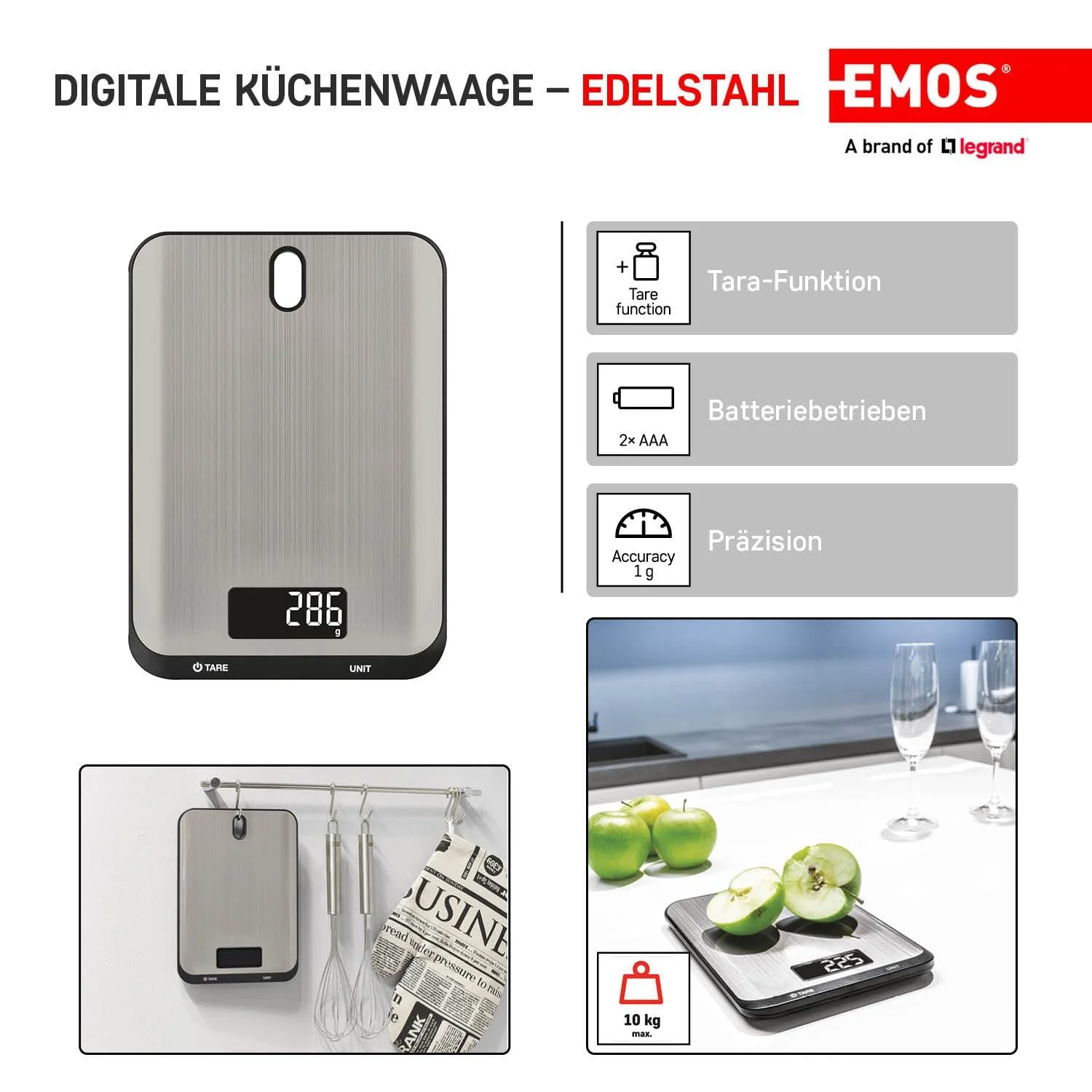Цифрові кухонні ваги EMOS EV026 10kg Stainless Steel Silver, фото №2 Цифрові кухонні ваги EMOS EV026 10kg Stainless Steel Silver, фото №2