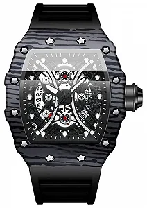 Чоловічий годинник Tiong Quartz Skeleton Tonneau / Силіконовий ремінець / Скелетон / Чорний - Фото 1