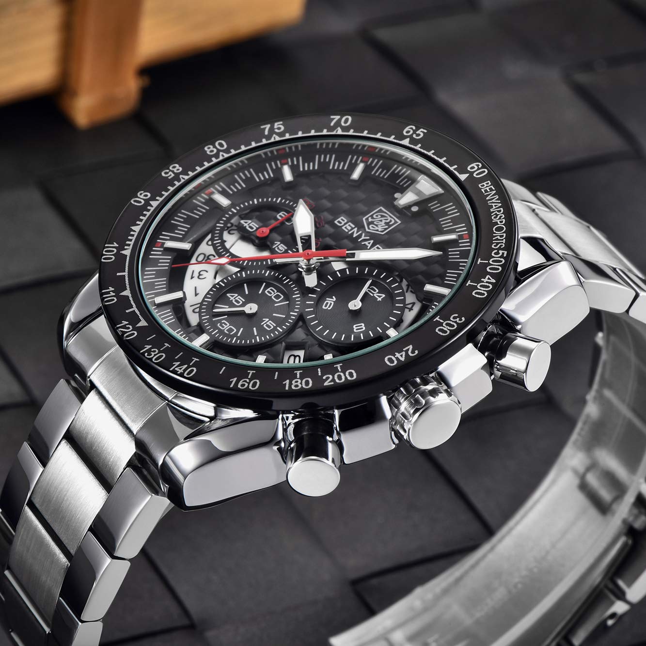 Мужские часы Benyar Quartz Кожаный ремешок Черный Хронограф, фото №4 Мужские часы Benyar Quartz Кожаный ремешок Черный Хронограф, фото №4