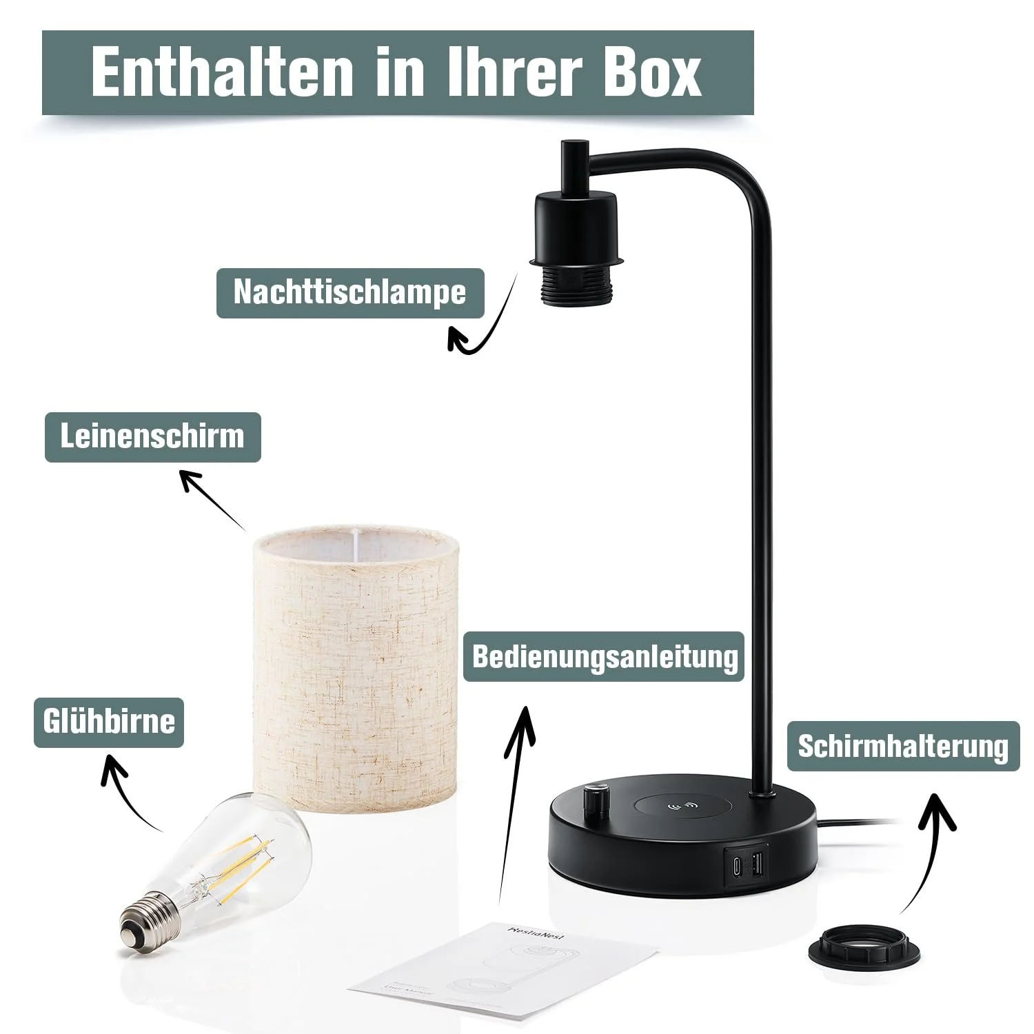 Настільна лампа Hestia Nest LED Бездротова зарядка USB-C+A Димована Льняний абажур, фото №5