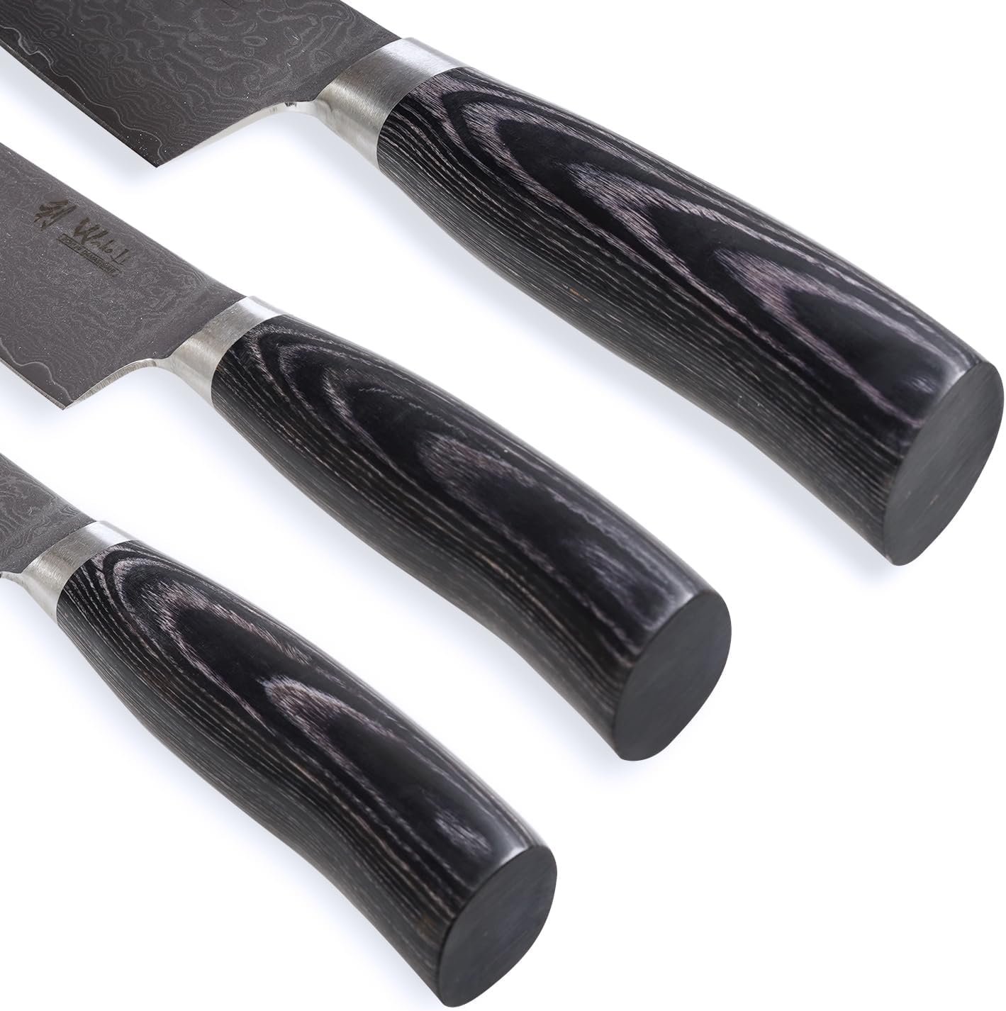 Набор ножей Kiritsuke Wakoli EDIB Pro Black Damascus, 3 шт, сталь Damascus 67 слоев, ядро VG10, лезвия 17 см, 12 см и 9 см, ручка из темного дерева Pakka, в деревянной коробке, фото №5