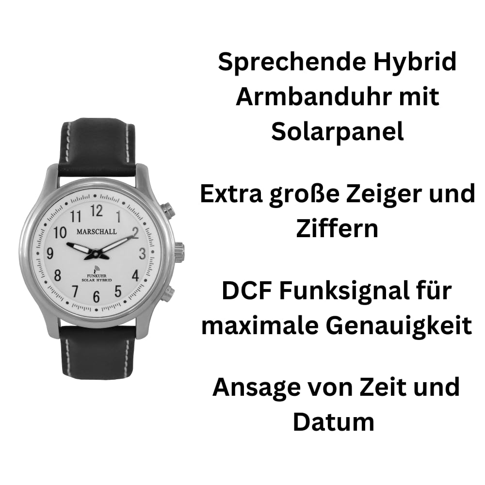 Годинник Marschall Німецький З мовностю Сонячна панель I 1148wl I Радіо Наручний годинник Для сліпих, літніх людей та тих, хто страждає на деменцію I Оголошення дати і часу I Шкіряний ремінець, класичний, фото №2