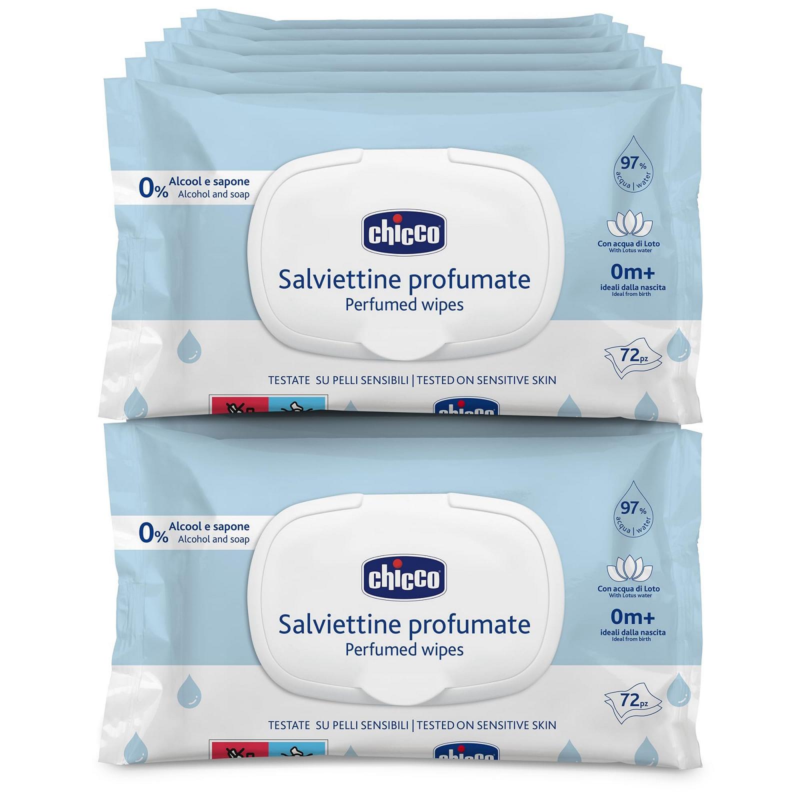 Серветки Chicco Newborn Багатоцільові, для дітей, без спирту, з запахом, для чутливої шкіри, 12 упаковок по 72 серветки (864 серветки), фото №1