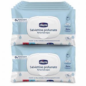 Серветки Chicco Newborn Многоцелевые, для детей, без спирта, с запахом, для чувствительной кожи, 12 упаковок по 72 салфетки (864 салфетки) - Фото 1