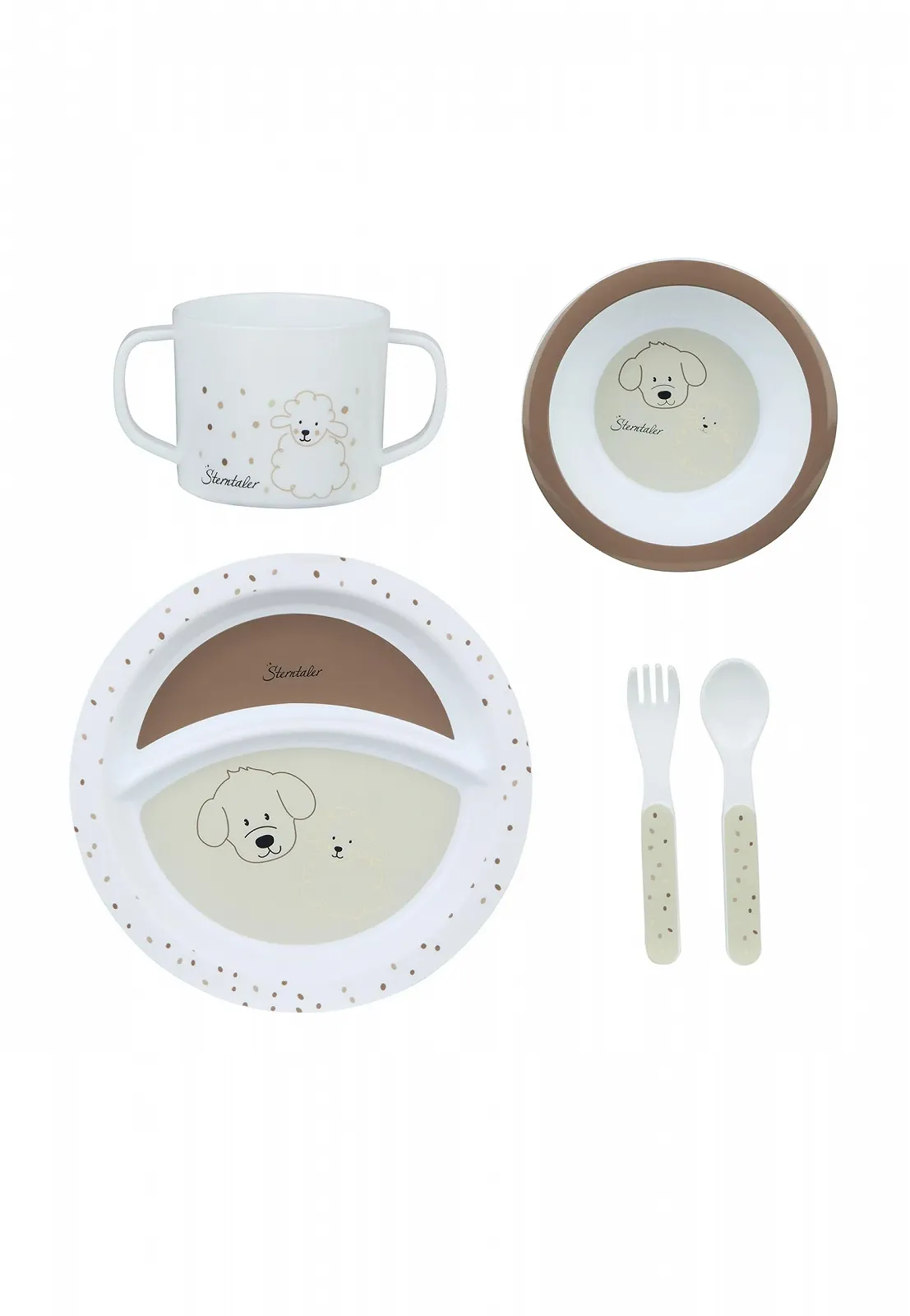 Набір дитячого посуду Sterntaler Farmhouse: тарілка з антиковзаючим дном, чашка та кружка, бежевий, фото №2