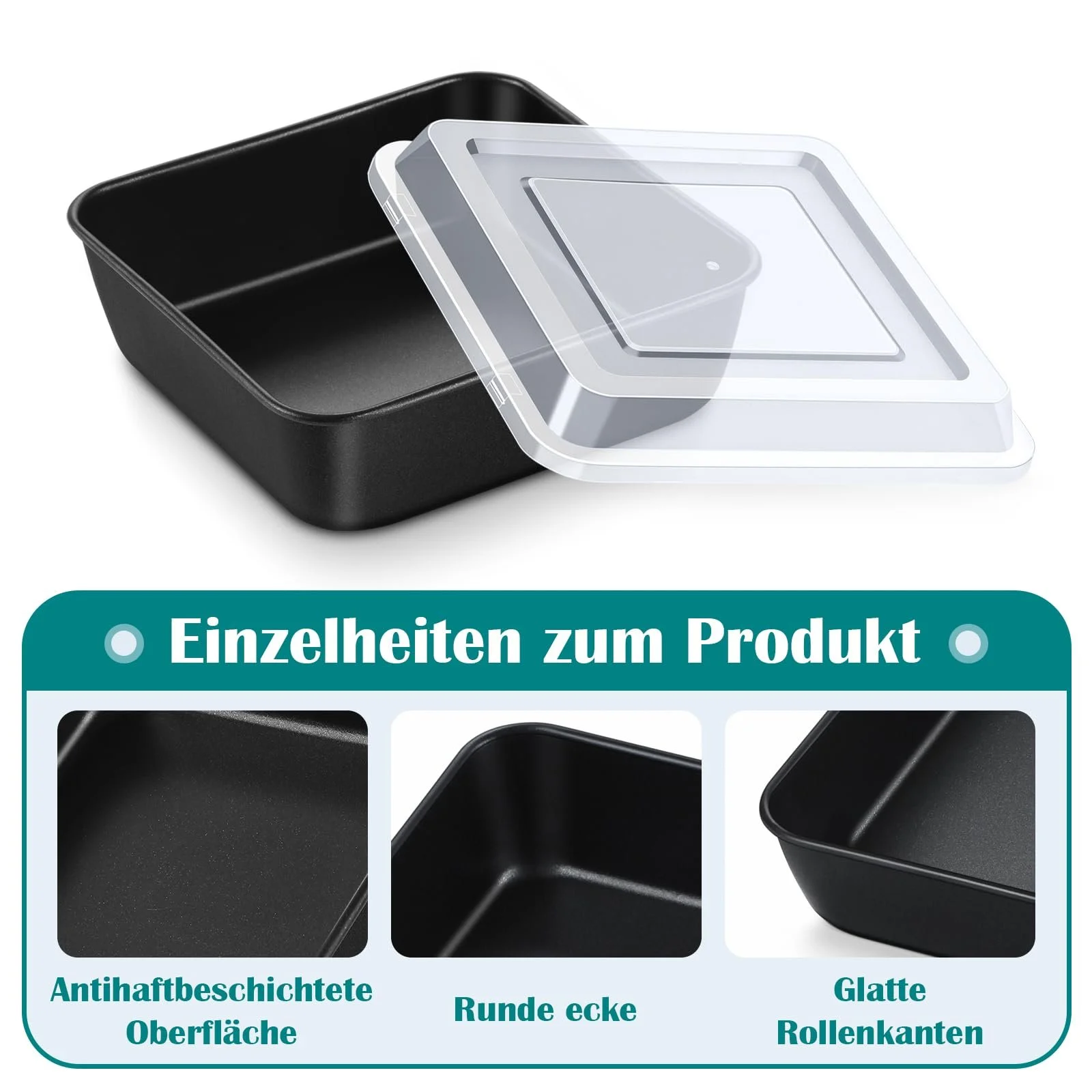 Форма для запекания Homikit с крышкой квадратная нержавеющая сталь с антипригарным покрытием Черная, фото №4