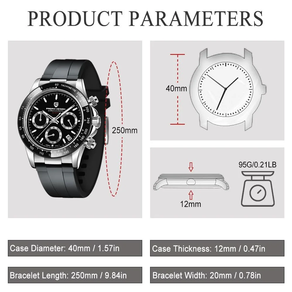 Мужские часы Pagani Design VK63 Daytona Chronograph Homage Кварцевые часы Керамический безель Нержавеющая сталь Спортивный резиновый ремешок Водонепроницаемые, фото №5