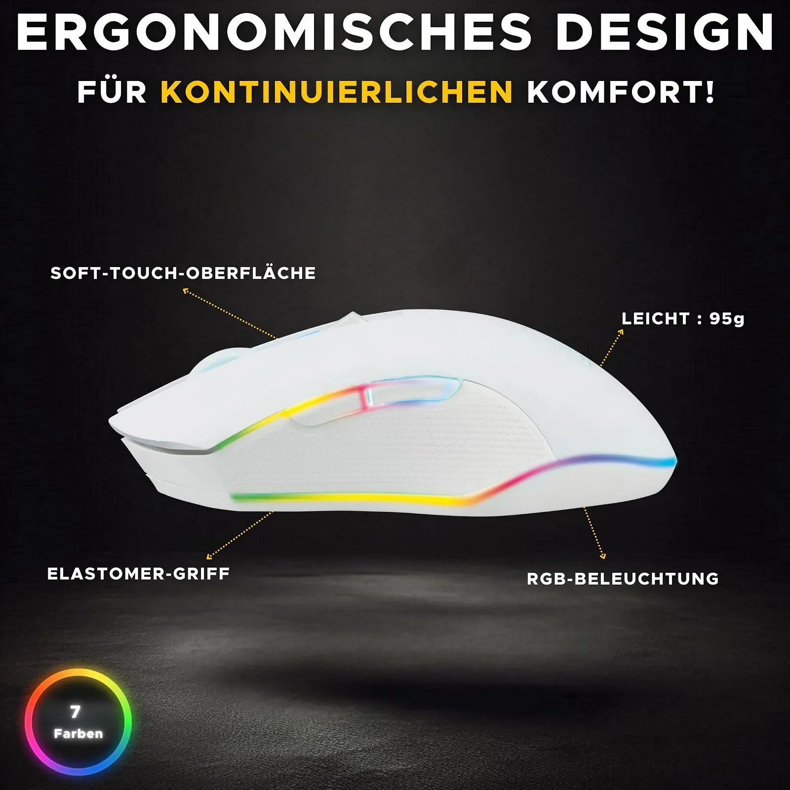 Беспроводная игровая мышь THE G-LAB Kult Helium 3200 DPI с ретро подсветкой 7 цветов - Белый, фото №3